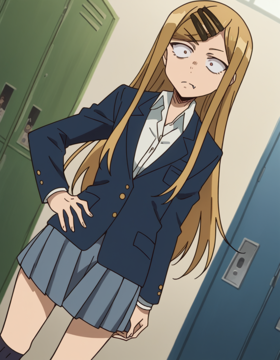 score_9, score_8_up, score_7_up, source_anime, <lora:saya-endou-s2-ponyxl-lora-nochekaiser:1>, saya endou, long hair, blonde hair, hair ornament, brown eyes, hairclip, fang, wide-eyed, constricted pupils, sanpaku,, skirt, shirt, hair ornament, school uniform, jacket, pleated skirt, socks, blazer,, school hallway, lockers, between classes, everyday life, , looking at viewer, hand on hip, solo,, cowboy shot, dutch angle