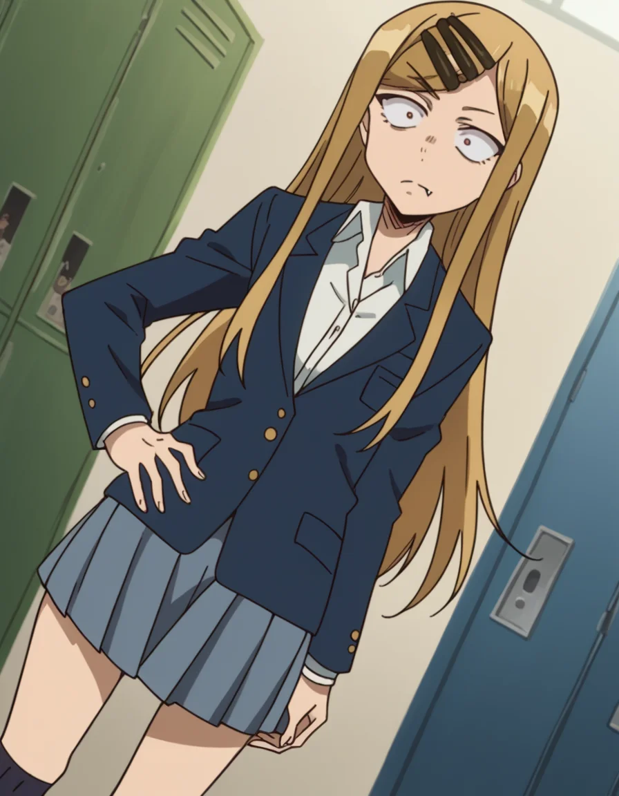 score_9, score_8_up, score_7_up, source_anime, <lora:saya-endou-s2-ponyxl-lora-nochekaiser:1>, saya endou, long hair, blonde hair, hair ornament, brown eyes, hairclip, fang, wide-eyed, constricted pupils, sanpaku,, skirt, shirt, hair ornament, school uniform, jacket, pleated skirt, socks, blazer,, school hallway, lockers, between classes, everyday life, , looking at viewer, hand on hip, solo,, cowboy shot, dutch angle