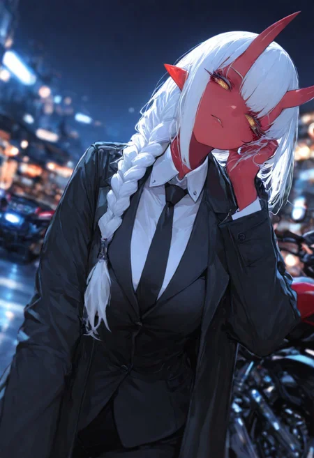 (EyesHD:1.2), (4k,8k,Ultra HD), masterpiece, best quality, ultra-detailed, very aesthetic, sharp focus, depth of field, ray tracing, best lighting, detailed illustration, detailed background, cinematic, beautiful face, beautiful eyes,
BREAK
ambient occlusion, raytracing, soft lighting, blum effect, masterpiece, absolutely eye-catching
BREAK
masterpiece, amazing quality, best quality, ultra-detailed, 8K, illustrating, CG, bioluminescent skin, ultra-detailed-eyes, detailed background, cute girl, eyelashes, lowlight
BREAK
(sexy, slutty, hot, aroused)
Aka-Oni, oni, colored skin, red skin, straight horns,
BREAK
1girl, solo, necktie, shirt, white shirt, black necktie, collared shirt, ground vehicle, dark, night, formal, suit, motor vehicle, black jacket, black coat, jacket, eyelashes, moto bike, soft eyes,
single braid, makeup, unbuttons, white hair, head tilt,