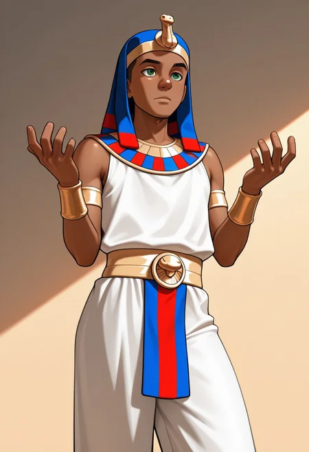 masterpiece, absurdres, high quality, perfect anatomy, 1boy, solo, cute boy, male focus, Rapses, Dark Skin, Green Eyes, Egyptian Clothing, Egyptian Headdress, golden wristbands, cinematic, intricately detailed illustration, depth of field, masterpiece, best quality, amazing quality, very aesthetic, absurdres, newest, very awa,  shadow, dynamic angle, casual cosplay, dynamic pose, simple background,
