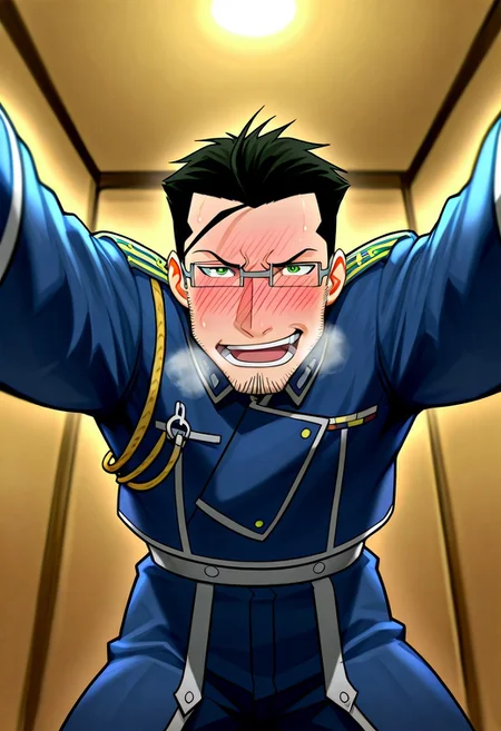 score_9, score_8_up, score_7_up, score_6_up, perfect anatomy, perfect proportions, best quality, masterpiece, high_resolution, high quality, best aesthetic, incredibly absurdres, highres, extremely detailed, huge filesize, solo male, adult, mature, masculine, manly, handsome, charming, alluring, alluring, heroic, triumphant, grim, stern, upper body, dutch angle, cowboy shot, perfect face, source_amine, amine coloring, BREAK Maes Hughes, FMAHughes, black hair, ahoge, hazel-green eyes, sideburns, facial hair, chinstrap stubble, jawline stubble, rectangular glasses, FMAHughes_outfit01, Amestrian State Military uniform, blue Alchemist jacket, blue jacket, overlap jacket, blue Alchemist pants\, blue pants, (blue Amestrian butt cape \(Fullmetal Alchemist\)), grey waistband, black boots, open mouth, nervous, embarrassed, awkward, sweaty, erotic, kinky, lewd, seductive, heavy breathing, cute expressive face, bashful, blushing, BREAK on top of viewer focus, legs apart, leaning forward, expressive face, looking down at viewer, bend over, from below, dynamic angle, foreshortening, pov, intricately detailed illustration, atmospheric perspective, depth of field, newest, seductive_pose, BREAK shading, countershading, detailed shading, detailed skin, realistic shading, intricate details, movie still, vibrant, vivid, stardom, glamorous, extraordinary achievement, award-winning, expressionist, cinematic still, emotional, cinemascope, moody, epic, gorgeous