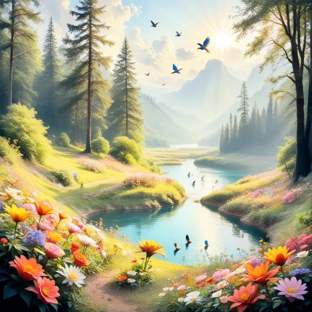 score_9, score_8_up, score_7_up, RI1, forest, blue sky, birds, flowers, sunshine, lake, high contrast, high definition, Rim Lighting