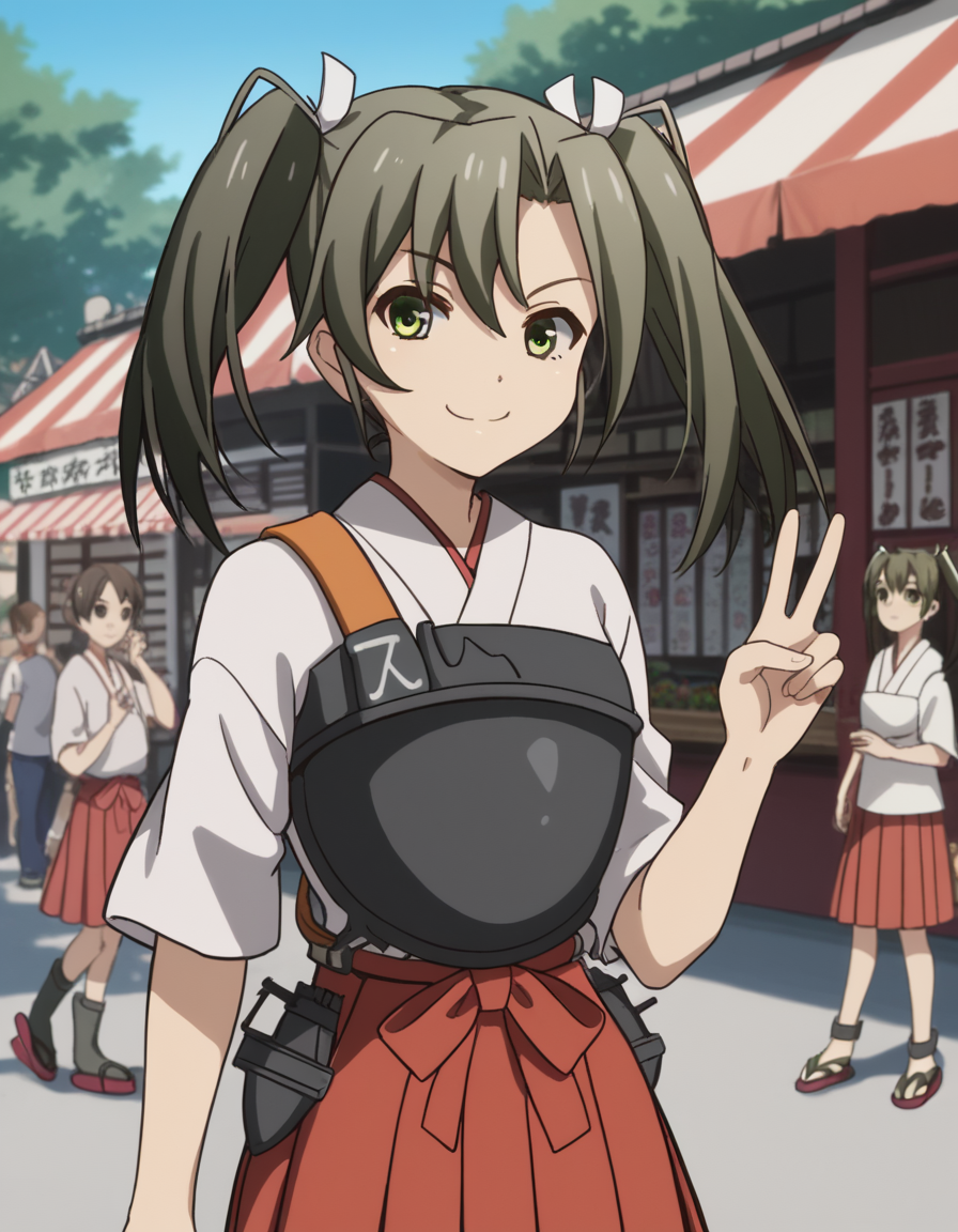 score_9, score_8_up, score_7_up, source_anime, <lora:kacolle-zuikaku-s1-ponyxl-lora-nochekaiser:1>, zuikaku, long hair, ribbon, twintails, green eyes, hair ribbon, zuikaku (kancolle), skirt, japanese clothes, muneate, red skirt, pleated skirt,, street market, vendor, street food, bustling crowd, local flavor, vibrant, , looking at viewer, v, v over mouth, smug,, solo,, cowboy shot, dutch angle