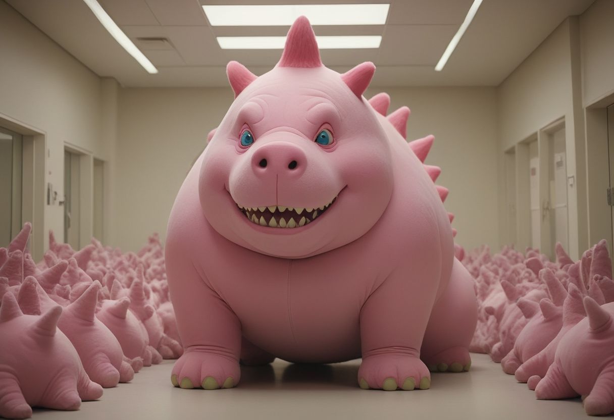 epic, cinematic, a towering (clown) pink chonkasaurus, chonkasaurus crowd, desaturised colours, in a sterile room, <lora:chonkasaurus-000003:1>