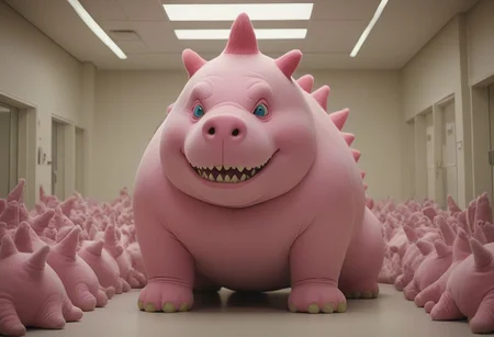 epic, cinematic, a towering (clown) pink chonkasaurus, chonkasaurus crowd, desaturised colours, in a sterile room, <lora:chonkasaurus-000003:1>
