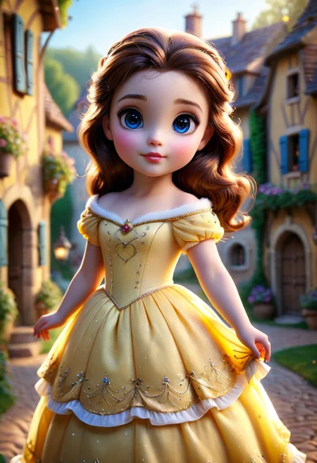 pam-swtvrld disney princess belle, french old village, warm light,full depth of field and realistic textures,highly detailed,masterpiece,high quality