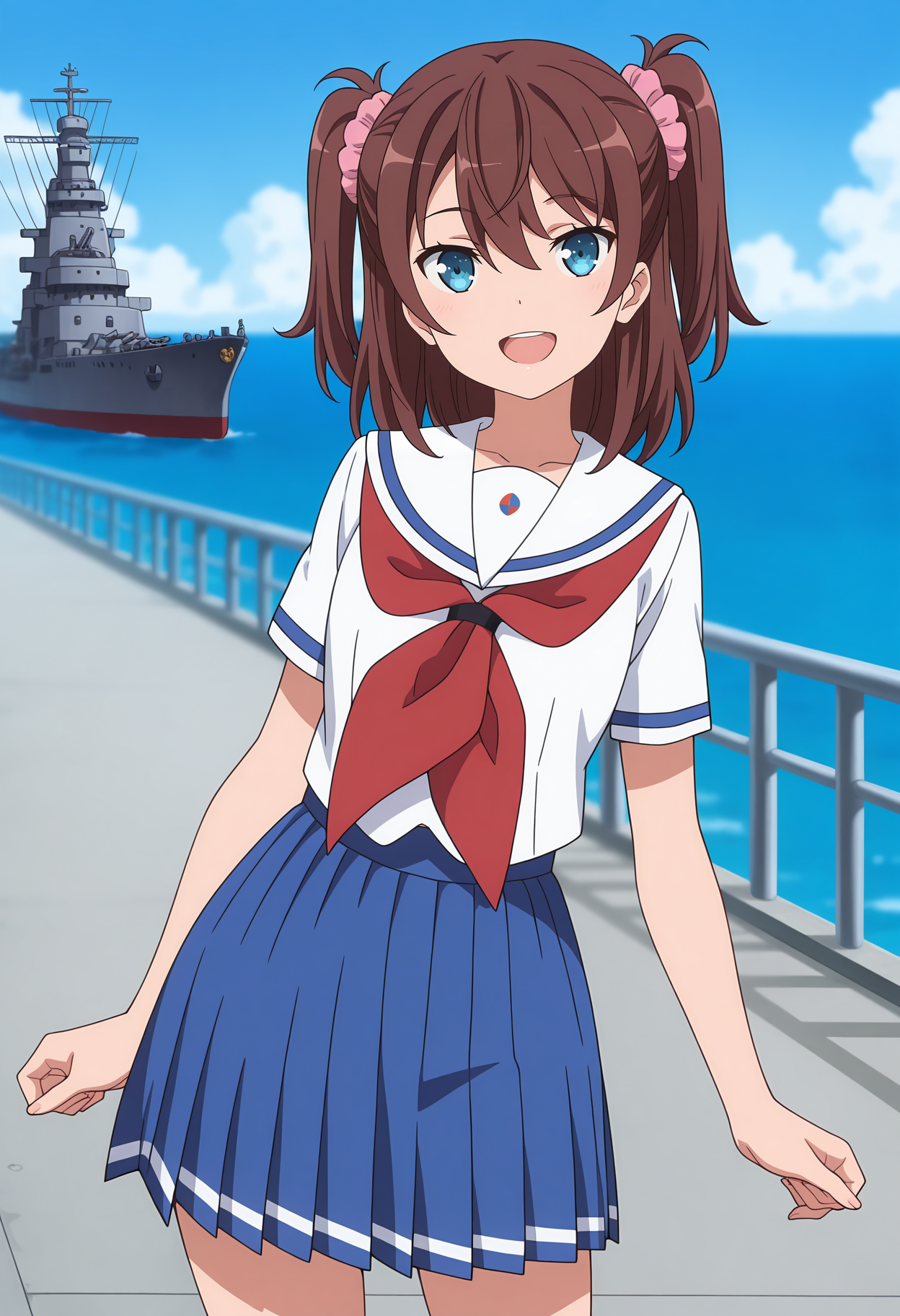 anime screencap, masterpiece, best quality,
<lora:HighSchoolFleet_OgasawaraHikari_IlluXL:0.9>,
1girl, solo, open mouth, smile,
two side up, hair between eyes, brown hair, blue eyes, hair scrunchie, pink scrunchie,
white sailor collar, white shirt, red neckerchief, short sleeves, pleated skirt, blue skirt,
standing, looking at viewer, cowboy shot,
horizon, dock, outdoors, battleship, warship, blue sky, blurry background