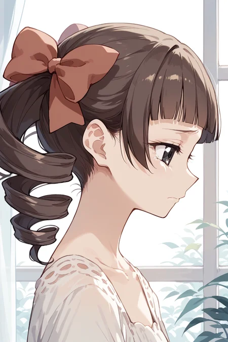 score_9, score_8_up, score_7_up, score_6_up,
<lora:Touko_Matsudaira:0.9> touko, 1girl, solo, drill hair, profile, brown hair, twin drills, bow, hair bow, window, blunt bangs, bangs, from side, sad, look down, collarbone, close-up, black eyes,