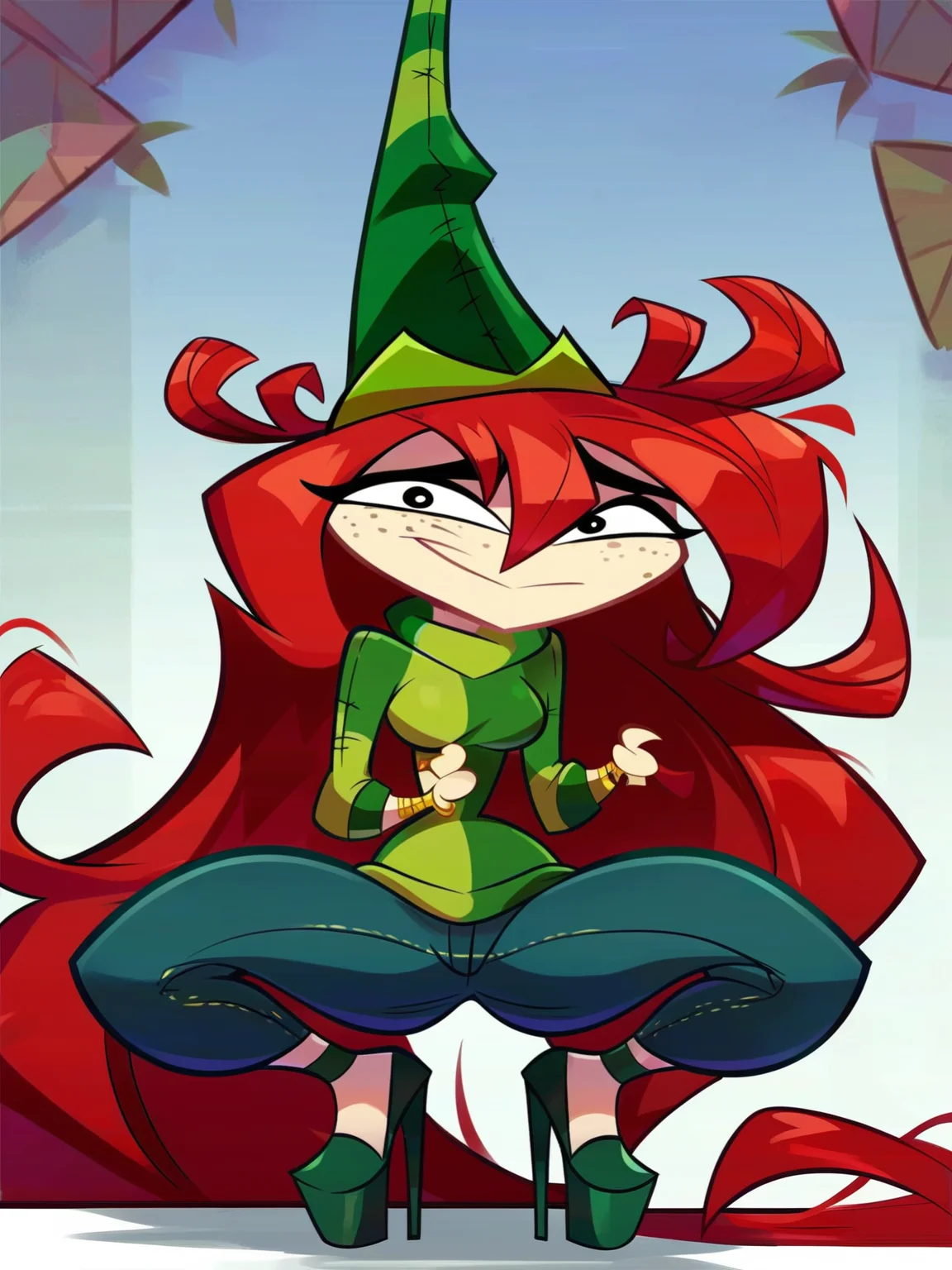 <lora:Betilla:1> be_la, 1girl, long hair, red hair, big eyes, black eyes, freckles, green high hat, long sweater, turtle neck, long jeans, small breasts, skinny,
looking at viewer, squatting, front view, spreading legs, platform high heels, score_9, score_8_up, score_7_up,