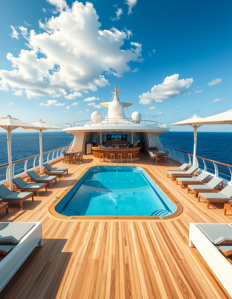 A wide, high-resolution view of the upper deck of a modern luxury cruise ship, completely empty of people. The deck features a clean, polished teak wood floor and sleek white railings along the edges. Several neatly arranged lounge chairs line both sides, with large white parasols providing shade. In the center of the deck, a crystal-clear swimming pool reflects the blue sky, with no one in or around it. To one side, a stylish bar area with a curved canopy stands closed, with colorful bottles and barstools neatly arranged. The background reveals the endless ocean meeting the horizon, under a bright, cloud-speckled blue sky. The lighting is natural daylight, casting soft shadows and highlighting the modern, serene, and luxurious ambiance of the cruise ship deck. No signs of human presence â everything is pristine, calm, and ready for guests.
<lora:SDXLFaeTastic2400:0.4> <lora:extremely_detailed:0.4> extremely detailed,<lora:luxury_cru1s3_sh1p:1>,luxury cru1s3 sh1p, Masterpiece,best quality,hi res,8k,hi res,8k,award winning,(sharp focus, intricate, highly detailed),