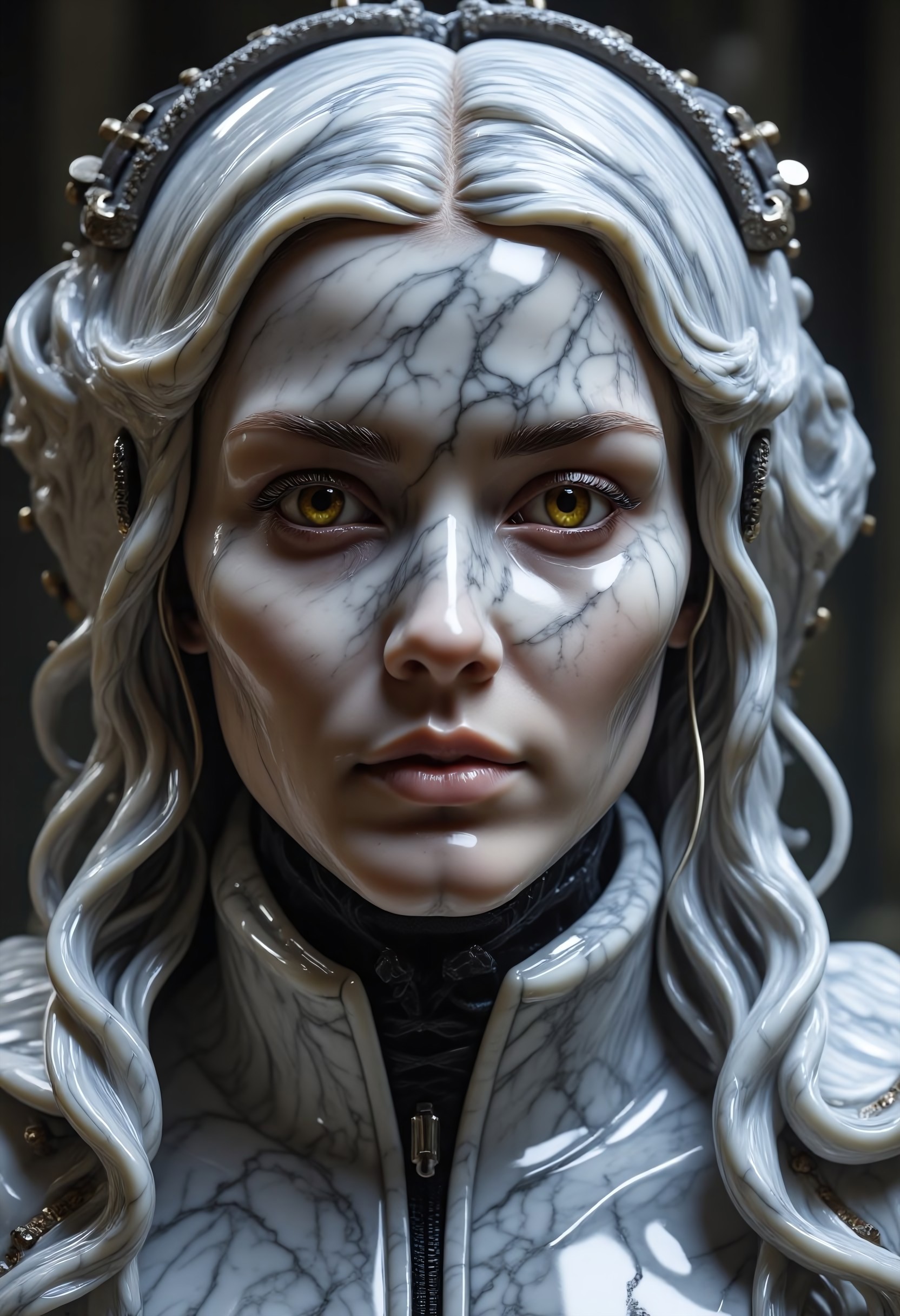 imagine extreme close-up, cybernetic mythpunk woman, her skin is entirely made out of marble, white with gray / black veins, detailed yellowish-orange mechanical eyes, subtle neon implants. Partially concealed expression, hinting at ancient secrets. Single abstract light source, rim lighting through mist, soft ethereal glow. Synthweave armor, blend of homespun, leather, and runic armor pieces. Casting a spell, opening a portal within an alien cave – a futuristic mad scientist's lab. Profound mystery, quiet intensity.