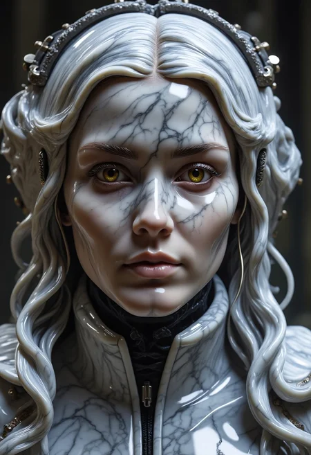 imagine extreme close-up, cybernetic mythpunk woman, her skin is entirely made out of marble, white with gray / black veins, detailed yellowish-orange mechanical eyes, subtle neon implants. Partially concealed expression, hinting at ancient secrets. Single abstract light source, rim lighting through mist, soft ethereal glow. Synthweave armor, blend of homespun, leather, and runic armor pieces. Casting a spell, opening a portal within an alien cave – a futuristic mad scientist's lab. Profound mystery, quiet intensity.