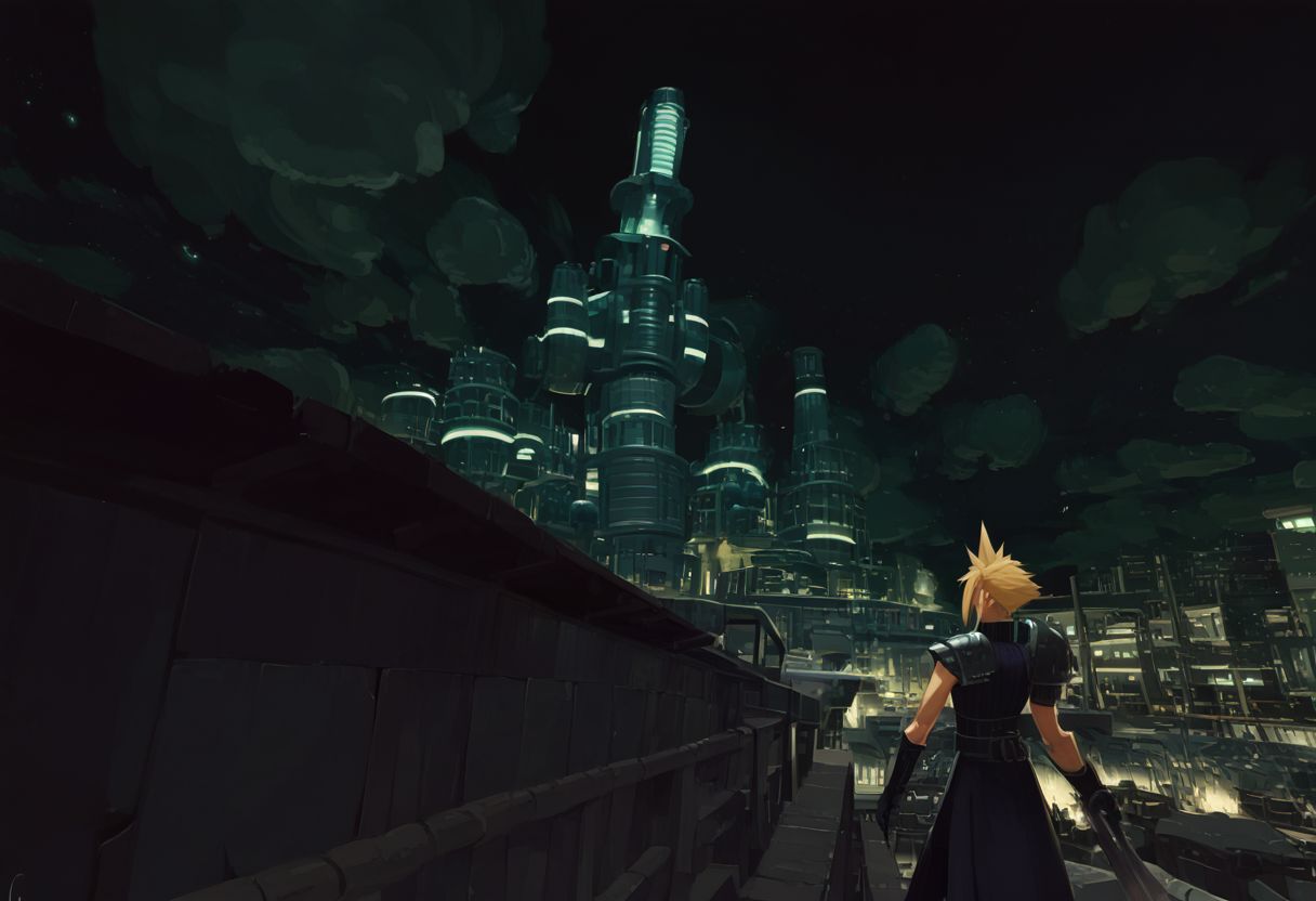 score_9, score_8_up, score_7_up, Cloud Strife leaning against a ledge, looking intently at shine s headquarters, holding Buster Sword, shoulder armor, sleeveless turtleneck, in midgar city at night overlooking shinra_hq, dim street lighting, solo, beautiful, androgynous, shoulder armor, industrial cityscape, from front, heavy smog,