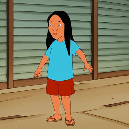1 girl, solo, Connie S KOTH, dark skin, black eyes, long hair, black hair, blue shirt, red shorts, brown sandals full body, standing, perfect hands, dynamic pose,