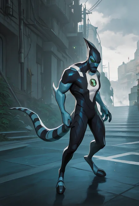<lora:xlr8-08:1> xlr8, solo, green eyes, blue skin, 1boy , stripped tail, 1boy, black mouth strip,, detailed background, <lora:AMarvelRivals_style-06:1> MarvelRivals, , , semi realistic, cartoon, character focus, masterpiece, best quality, amazing quality, very aesthetic, absurdres, newest,