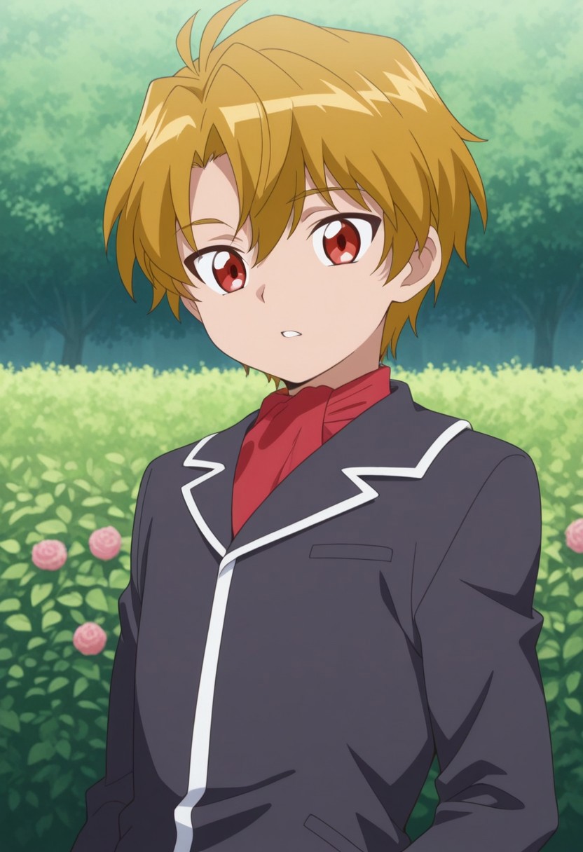 masterpiece,best quality,amazing quality, source_anime, 
Buraito, 1boy, male focus, solo, red eyes, blonde hair, shirt, red shirt, jacket, black jacket, parted lips,
outdoor, garden,
