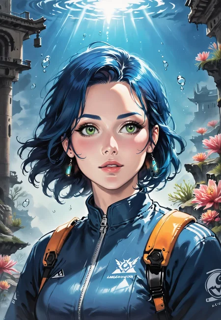 score_9, score_8_up, score_7_up, 1girl, solo, underwater explorer, advanced diving suit with bioluminescent accents and high-tech gadgets, futuristic harpoon gun with a sleek design and glowing energy core, short wavy blue hair with a diving mask, realistic, cinematic angle, cinematic lighting, athletic body, curious face, sparkling green eyes, exploratory pose
BREAK
exploring a sunken ancient city beneath the ocean
BREAK
source_sci-fi_art, rating_explicit, expressive, half body, dynamic pose
BREAK
detailed beautiful background, mystical underwater landscape with ancient ruins and coral reefs, bioluminescent plants and glowing sea creatures, distant shipwrecks and underwater caverns, serene atmosphere with a sense of discovery and wonder
<lora:Expressive_H:0.6>Expressiveh, (SimplepositiveXLv1:1.3), (upper body, full clothed:1.85) ((masterpiece)) (ultra realistic, 32k, masterpiece:1.2), (high detailed skin:1.1), (high quality:1.1) (((full clothed))) <lora:DandonFuga_Style_v.2_-_Pony:0.8>
<lora:add-detail-xl:1>
<lora:Dynamic Poses:1>