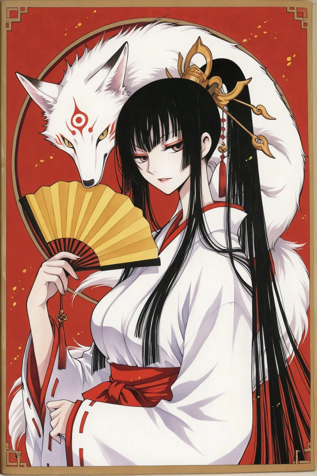 Ichihara Yuko,1girl,japanese clothes,black hair,fox,hand fan,long hair,solo,miko,upper body,looking at viewer,fume,traditional media,
<lora:xxxHOLiC_illustriousXL:1>,
