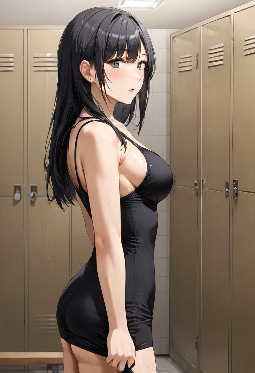 1girl, long black hair, medium breasts, black short dress, locker room,