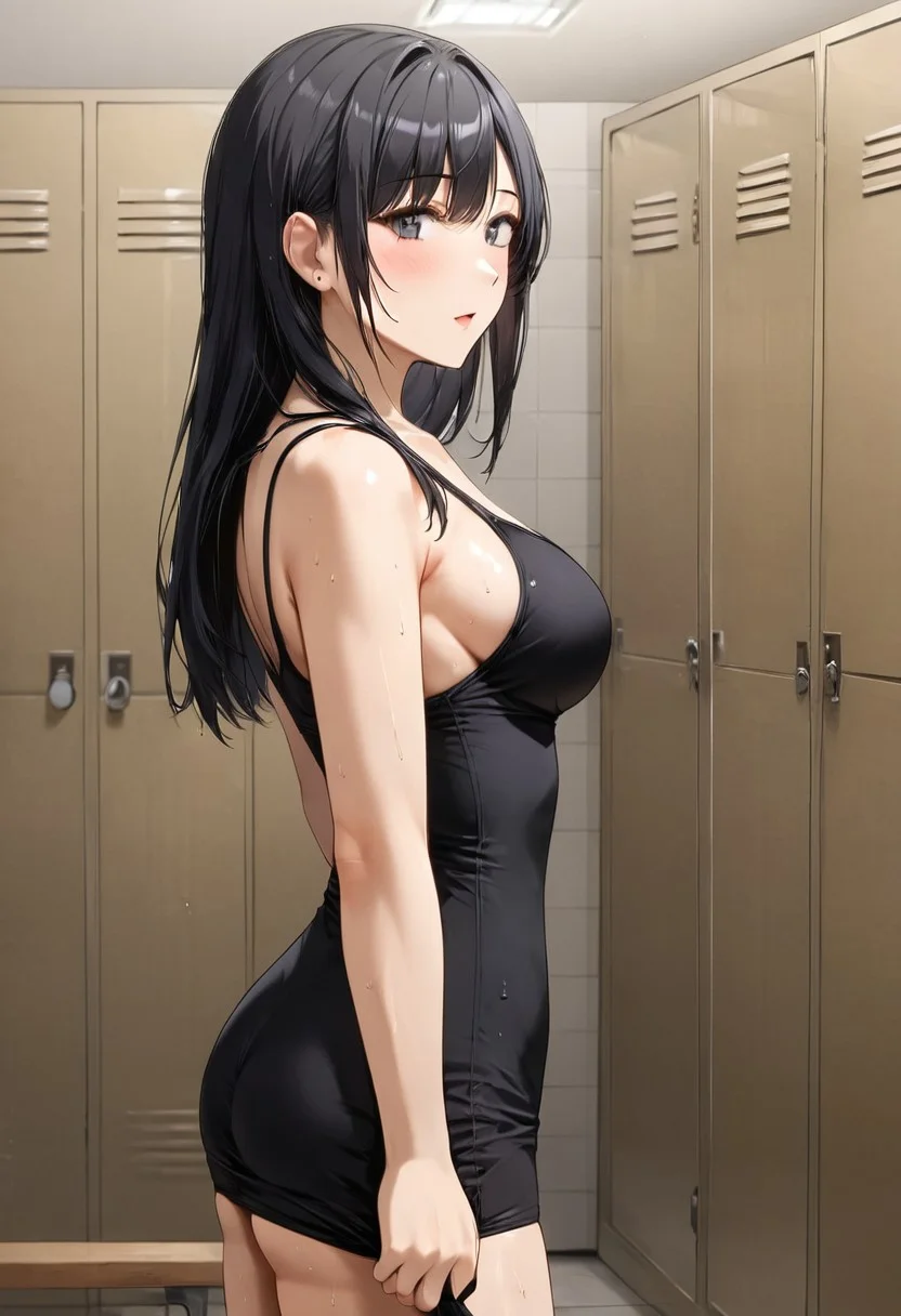 1girl, long black hair, medium breasts, black short dress, locker room,