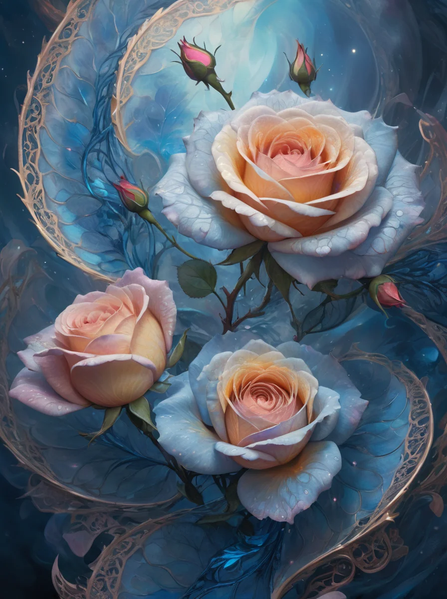 ethereal fantasy concept art of [blue and ginger scales blooming rose :1],ephemeral filigree distortion,from above,[muted colors : vivid colors :5],magnificent,celestial,ethereal,painterly,epic,majestic,magical,fantasy art,cover art,dreamy,