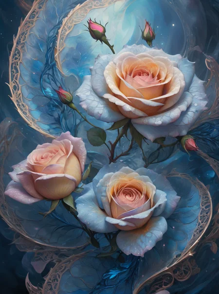 ethereal fantasy concept art of [blue and ginger scales blooming rose :1],ephemeral filigree distortion,from above,[muted colors : vivid colors :5],magnificent,celestial,ethereal,painterly,epic,majestic,magical,fantasy art,cover art,dreamy,