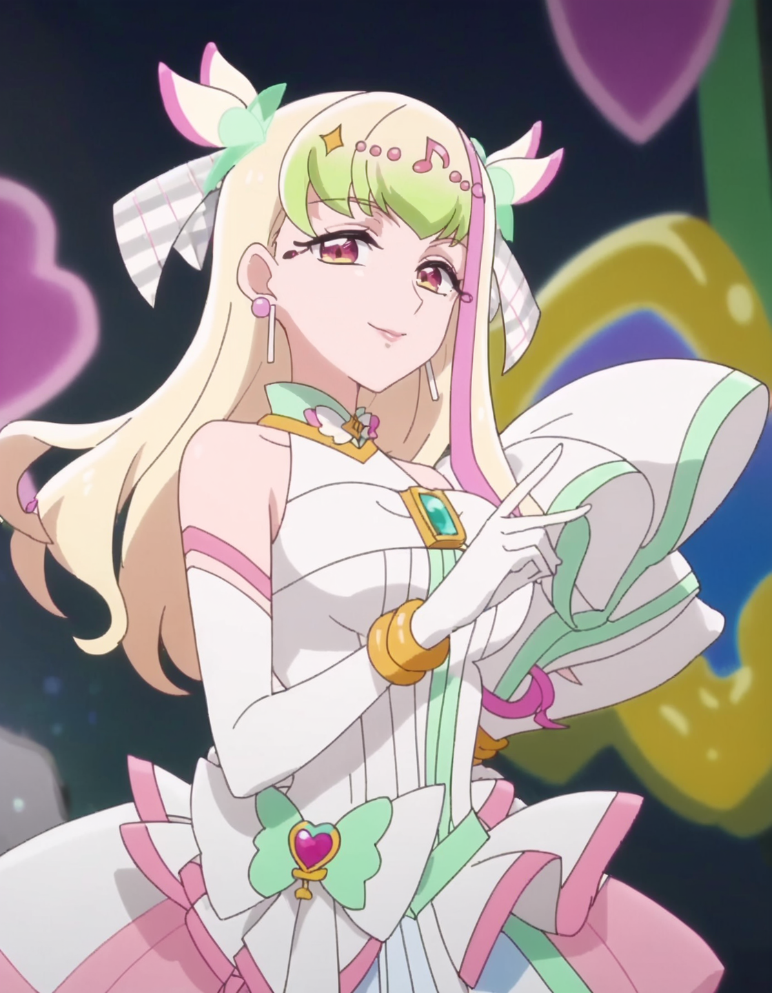 score_9, score_8_up, score_7_up, anime screencap, solo,1girl,curezukyoon, solo, gloves,elbow gloves, jewelry, idol, dress, earrings, musical note, bow, white gloves, smile, looking at viewer, bracelet, hair ornament, makeup, magical girl,large breasts,<lora:curezukyoon_pony:0.8>