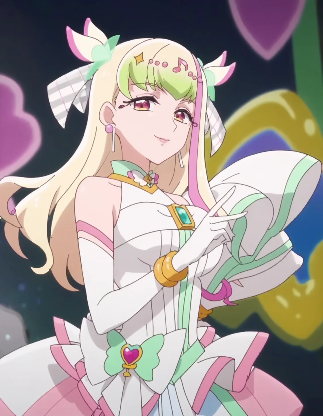 score_9, score_8_up, score_7_up, anime screencap, solo,1girl,curezukyoon, solo, gloves,elbow gloves, jewelry, idol, dress, earrings, musical note, bow, white gloves, smile, looking at viewer, bracelet, hair ornament, makeup, magical girl,large breasts,<lora:curezukyoon_pony:0.8>