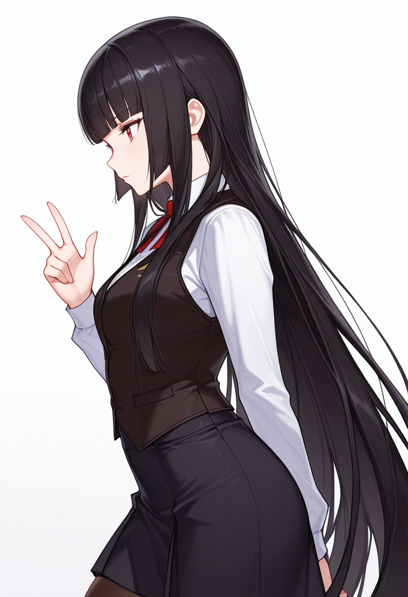 Smooth Quality,masterpiece,very intricate, high quality details, ultra realistic, high detailed skin,detailed enviorement,absurdres,
w,
 <lora:Atre_CNR:0.8> atre_cnr, 1girl, black hair, very long hair,blunt bangs, red eyes,, simple background, white background, from side,solo,, despair,, waistcoat,   ,zip-up vest,  ,stockings, ,