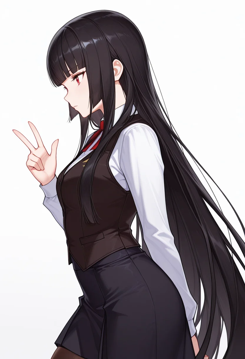 Smooth Quality,masterpiece,very intricate, high quality details, ultra realistic, high detailed skin,detailed enviorement,absurdres,
w,
<lora:Atre_CNR:0.8> atre_cnr, 1girl, black hair, very long hair,blunt bangs, red eyes,, simple background, white background, from side,solo,, despair,, waistcoat, ,zip-up vest, ,stockings, ,