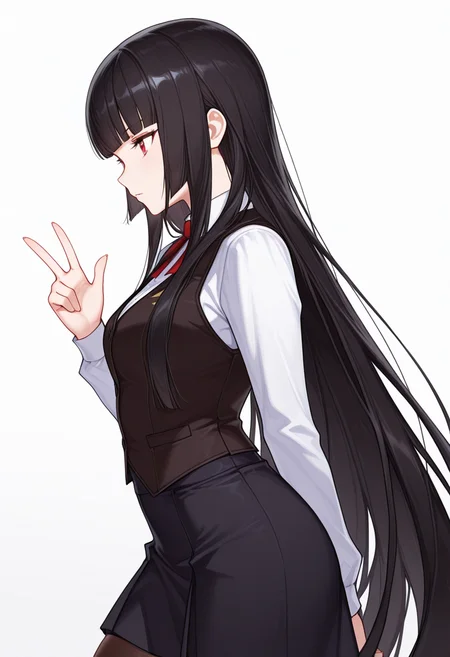 Smooth Quality,masterpiece,very intricate, high quality details, ultra realistic, high detailed skin,detailed enviorement,absurdres,
w,
<lora:Atre_CNR:0.8> atre_cnr, 1girl, black hair, very long hair,blunt bangs, red eyes,, simple background, white background, from side,solo,, despair,, waistcoat, ,zip-up vest, ,stockings, ,