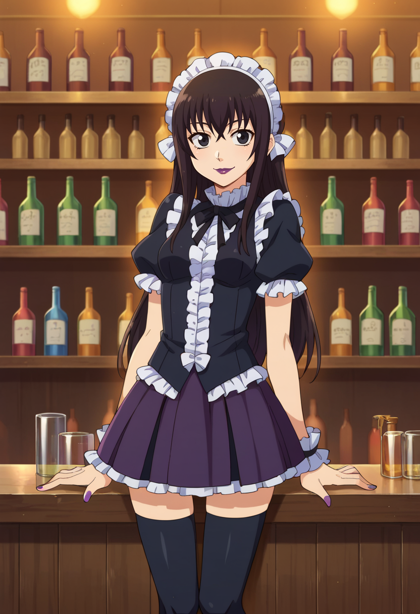 score_9,score_8_up,score_7_up,anime coloring BREAK source_anime,anime,<lora:Kei_Yuuki_Tales_of_Agriculture___çµåè_ããããã__PonyXL>,yuuki_kei,solo,1boy,otoko no ko,black eyes,long hair,smile,arm_support,purple lipstick,headdress,gothic,thighhighs,indoors,bar,bottles,looking_at_viewer,upper_body,
