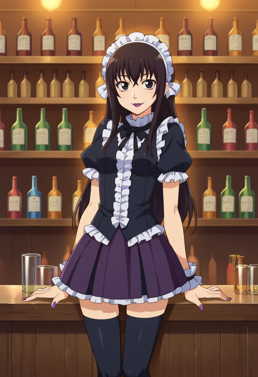 score_9,score_8_up,score_7_up,anime coloring BREAK source_anime,anime,<lora:Kei_Yuuki_Tales_of_Agriculture___çµåè_ããããã__PonyXL>,yuuki_kei,solo,1boy,otoko no ko,black eyes,long hair,smile,arm_support,purple lipstick,headdress,gothic,thighhighs,indoors,bar,bottles,looking_at_viewer,upper_body,