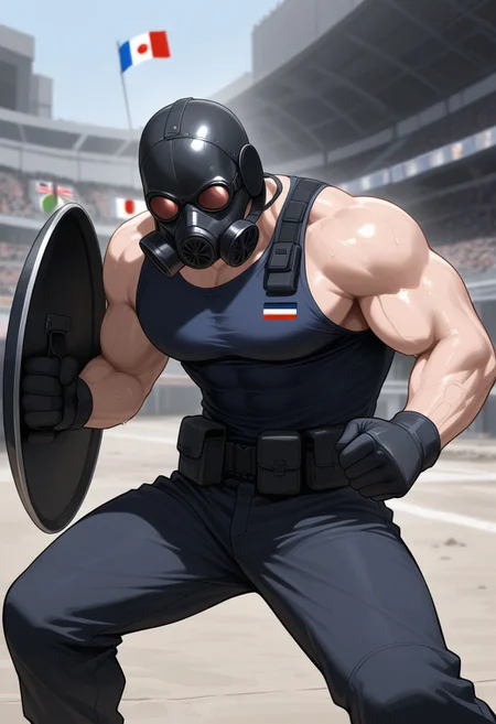 masterpiece, best quality, amazing quality, very aesthetic, absurdres, newest, detailed background, Muscular man, solo, 1boy, Colombian flag, sleeveless shirt, very muscular body, gas mask, shield with the Colombian flag, in protests, riots, fighting stance.