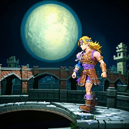 papermariostyle, simon belmont, score_9, score_8_up, score_7_up, score_6_up, simonbel, leather armor, jeweled headband, stylized brown breastplate, leather shorts, stylized loincloth, ((((((single pauldron))))), metal wristbands, shoulder length blonde hair, fur lined boots, view from side, walking, 1boy, toned male, night, moon, dark lighting, stone bridge,