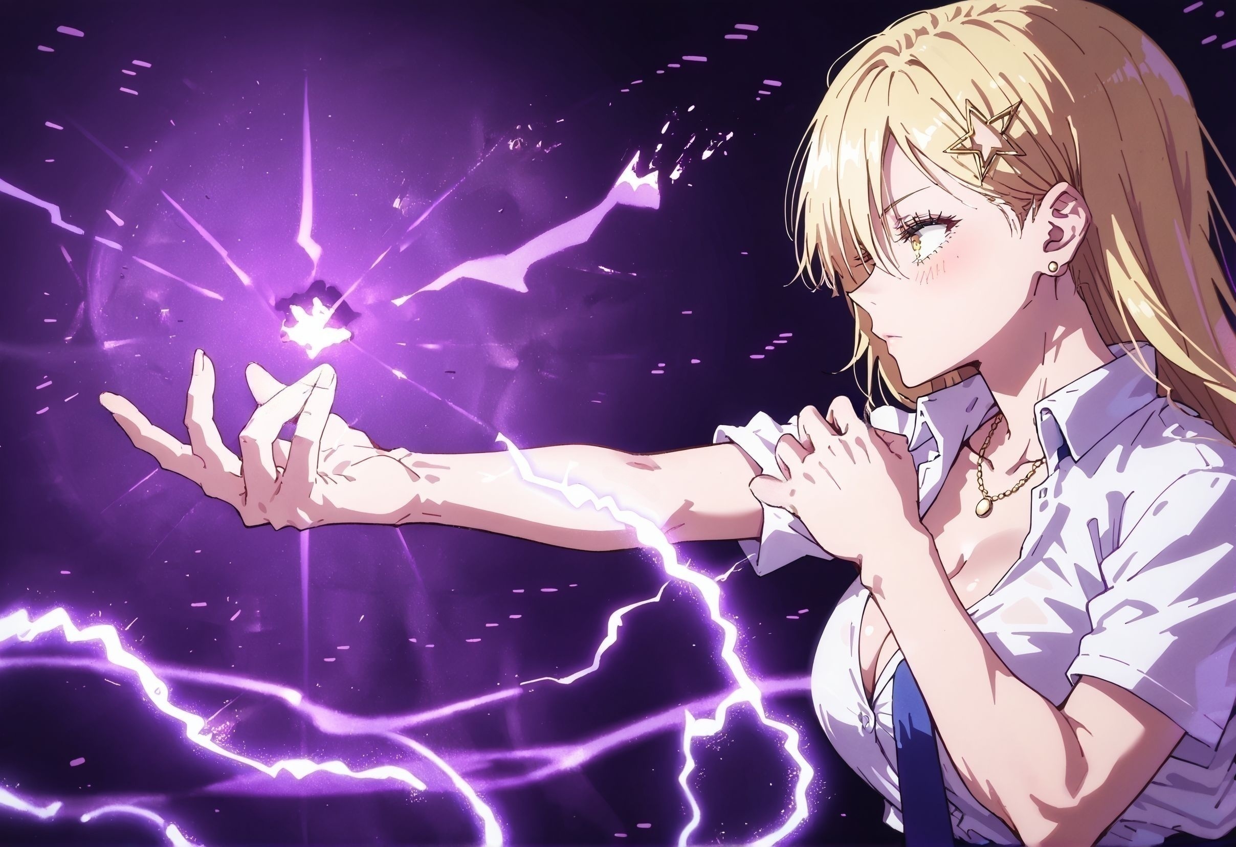 score_9,score_8_up,score_7_up,masterpiece, best quality, <lora:WHM 0.2v:0.5>, WHM, 2D,anime,  
<lora:shiGojoHollowPurpleV1-000012:0.8>, shisidehollow, from side, purple theme, profile, electricity, 1girl, solo,shisidehollow, from side, purple theme, profile, electricity,
Jujutsu Kaisen,
<lora:aria_kisaki_anime_v2-soralz:0.6>aria kisaki,aria kisaki, blonde hair, long hair, hair between eyes, gold eyes, star hair ornament, stud earrings,blush, 
 collarbone, cleavage,
white collared shirt, short sleeves, collarbone, cleavage, necklace, blue necktie, 
Healthy Beauty, huge breasts,