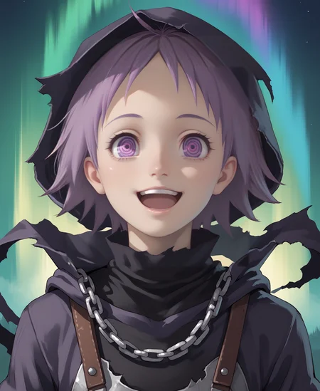 (score_9, score_8_up), score_7_up, score_6_up, best quality, standing, portrait, close up,
<lora:ebisu:0.8>, solo, 1girl, lovely, cute,
3bisu, purple hair, short hair, purple eyes, ringed eyes, happy, excited, turtleneck
slim:1.2, slender, petite:1.3, short, skinny, androgynous, open mouth,
<lora:Curse_Maker_Etrian:1>,
pale skin, short hair, cloak:1.3, torn clothes, hood, (hood up:1.3), chain, shackles, bandages, black bandages, chain around neck,
nighttime, strong wind, spread arms, aurora borealis,