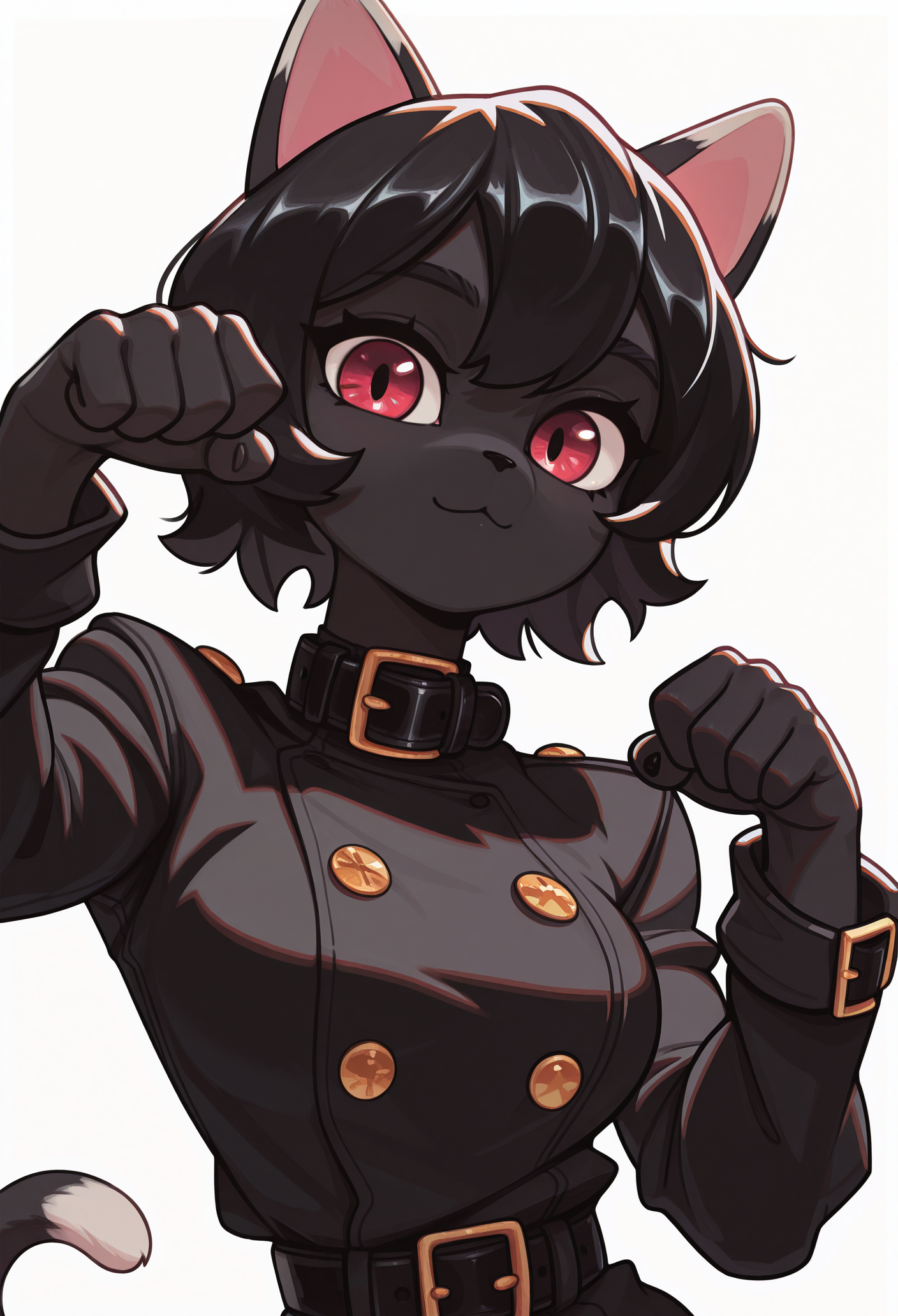1girl, solo, white background, looking at viewer, portrait, paw pose, :3, 
furry female, cat girl, animal ears, black hair, short hair, black skin, red eyes, cat tail, 
black jacket, buttons, long sleeves, black belt, collar, 
masterpiece, best quality, <lora:blackcat_(colo)-guy90-Illust-LoraV1:1>, oloalb