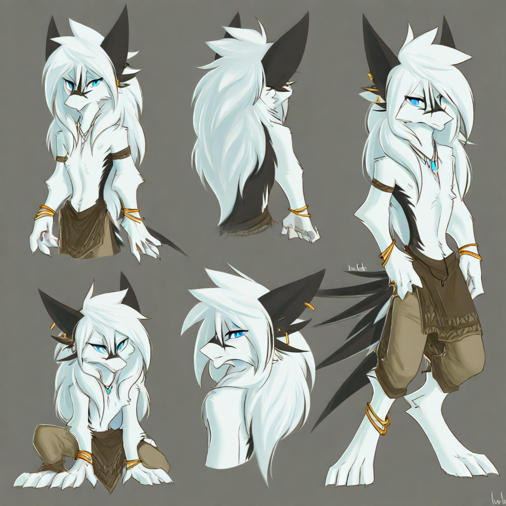 Irbeth, blue eyes, furry, long hair, jewelry, multiple views, animal ears, simple background, 1boy, necklace, male focus, white hair, bracelet, grey background, earrings, furry male, topless male, claws, full body, signature, looking at viewer