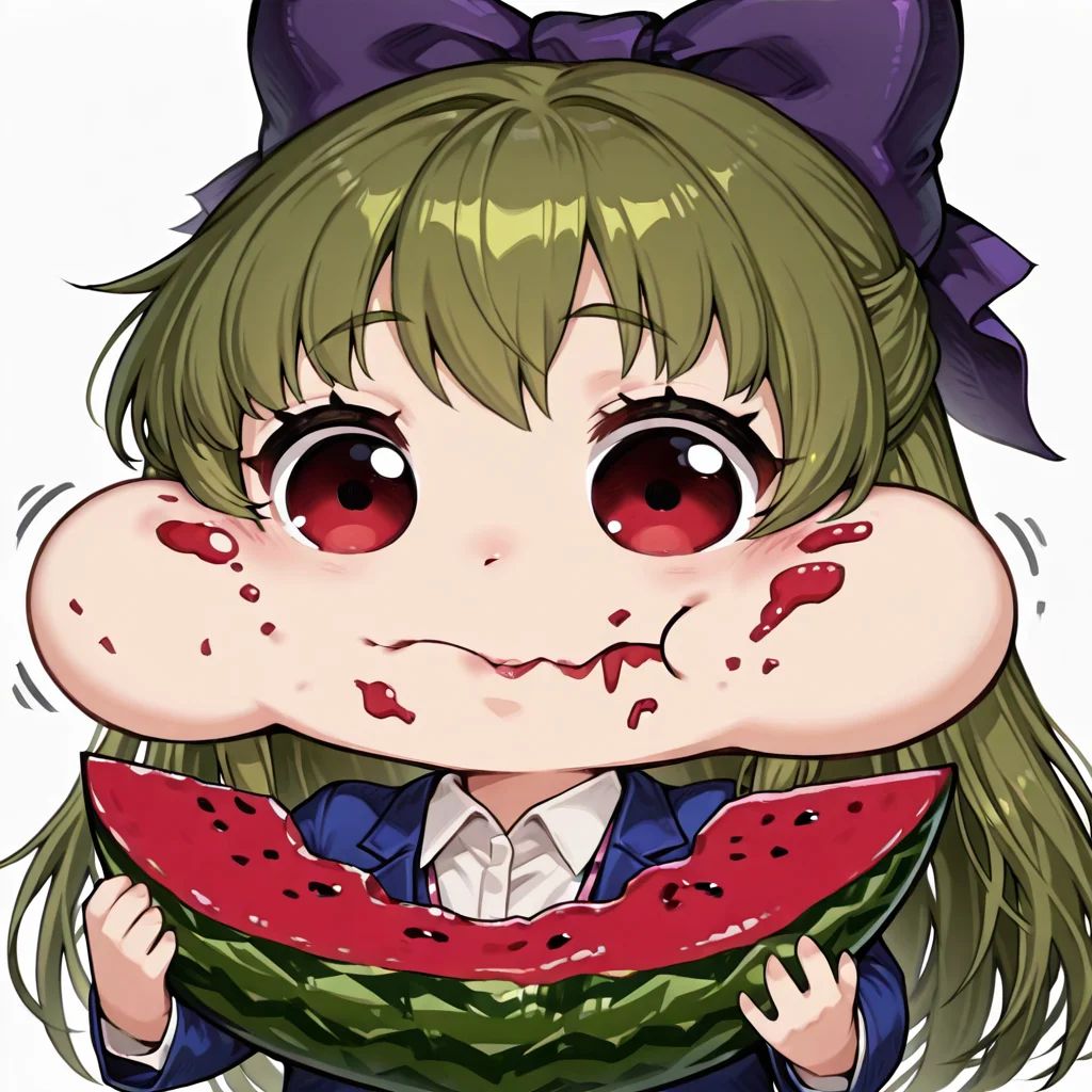 <lora:watermelon_reimu:1>, chibi style, exaggerated eyes, exaggerated expression, puffed cheeks, full cheeks, eating, stuffed mouth, food stains, food on face, drooling, cute, comedic expression, silly face, cartoonish, round eyes, closed mouth, chewing, munching, holding, holding watermelon, eating, watermelon in hands, meme face, funny face, meme, <lora:Office_Seir-000003:1>, BD2OfficeSeir, office lady, long hair, green hair, hair bow, red eyes, blue jacket, collared shirt, white shirt, simple background,