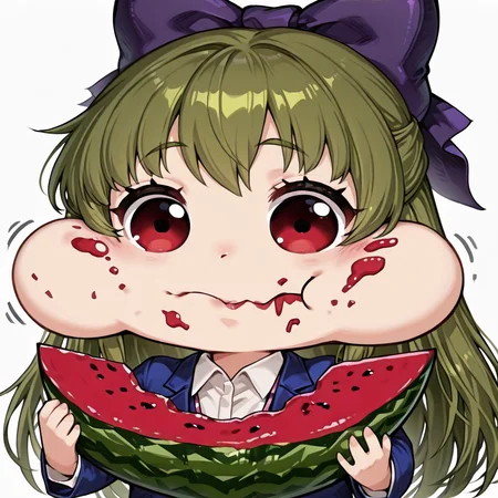 <lora:watermelon_reimu:1>, chibi style, exaggerated eyes, exaggerated expression, puffed cheeks, full cheeks, eating, stuffed mouth, food stains, food on face, drooling, cute, comedic expression, silly face, cartoonish, round eyes, closed mouth, chewing, munching, holding, holding watermelon, eating, watermelon in hands, meme face, funny face, meme, <lora:Office_Seir-000003:1>, BD2OfficeSeir, office lady, long hair, green hair, hair bow, red eyes, blue jacket, collared shirt, white shirt, simple background,