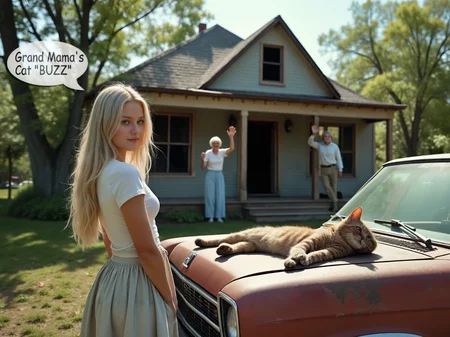 breathtaking a woman standing next to a cat on top of a car in front of a house with a man taking a picture, Alison Geissler, award - winning photography, a stock photo, american impressionism . award-winning, professional, highly detailed