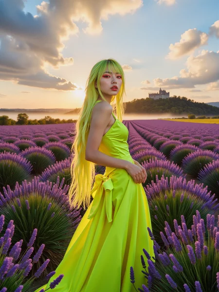 highly detailed ultra high resolution masterwork fashion magazine photo shot with a hasselblad 500c at dawn, kodak ektar 100, 120mm, f/1. 8 lens, extremely long and voluminous hime-cut hairstyle, silky shimmering perfectly straight hair, accurate haircut, perfect hair, perfect hands, a young asian top model wearing a spectacular avant-garde gown featuring a corset and intricate folds, the scene captures a breathtaking early morning in the heart of a vast lavender field in provence, france, the rows of vibrant purple lavender stretch towards the distance, only broken up by an ancient oak in the middle ground and a castle on a steep hill in the background, soft morning light bathes the landscape, casting long shadows and a golden glow over the scene, the sky is dramatic - hued in blue and warm peach intermingled with streaks of wispy cirrus clouds and billowing cumulus clouds that catch the early sunlight, the interplay of light and shadow within the clouds adds a dynamic and painterly quality to the sky, faint morning mist lingers above the lavender, enhancing the sceneâs ethereal charm. standing amidst the lush lavender is yoyo, a stunning young asian model with her iconic silky neon yellow hair cascading down her back, her blunt bangs frame her perfect face, emphasizing her flawless complexion, heavy red eye makeup, and captivating eyes. she is posing in a pin-up pose, one leg bent at the knee and one hand grabbing her waist, the pose is playful and flirtatious. the plunging deep neckline and fitted silhouette of her attire highlight her perfect proportions, while the bold design of the avant-garde fashion complements her style, the interplay between the dress, her neon yellow hair, and the lavender creates a stunning visual harmony. the early morning light is casting soft rim lighting along her figure and illuminating the lavender around her with warm golden tones, subtle shadows and highlights bring out the texture of the lavender blooms, her hair catches the sunlight in a spectacular fashion, creating an almost dreamlike aura around her. shot in a cinematic style with a balanced composition. delicate details in her attire, her hair, and the vibrant lavender blossoms are rendered with hyper-realistic precision, detailed background, dappled lighting, rim lighting, volumetric lighting, light passing through hair, uhd, ultra high definition, hdr, 8k, 4k, cinematic, subsurface scattering, fictionalyoyo,
<lora:yoyo-character-flux-by_meower2024:0.8> 
<lora:style-midjourney_lucid_dreams-flux-by_kawaiikitsuneai:0.8> 
<lora:anti-blur-flux-by_vadimfedenko:1.4>