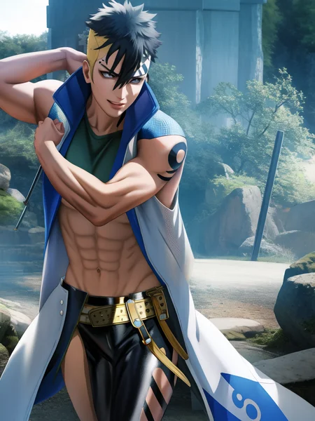 1girl, Kawaki_Uzumaki with a navy blue and white jacket, kawakiblue_jacket, green shirt, gominictattoo on face, sleeveless, piercing on right eyebrow, grey eyes, black_kawaki_hair and yellow_side_hair, karma_tattoo marking on his hand, looking at viewer, sitting, skindentation, smile, solo . (masterpiece:1.4),(best quality:1.4),(shiny skin),realistic, detailed eyes, <lora:kawakiv2:0.8>, dynamic pose, body focus, cowboy shot (((masterpiece))), (((best quality))), illustration, artstation, rim light, Alembert Oclusion, SSAO, Bokeh, Cinematic, Golden Hour, Depth of Field, DOF, Vignette, Anti-Aliasing <lora:sakimichanStyle_v15:0.8>, art by sakimichan , (sakimi-style:0.8), (nixeu_soft:0.2)