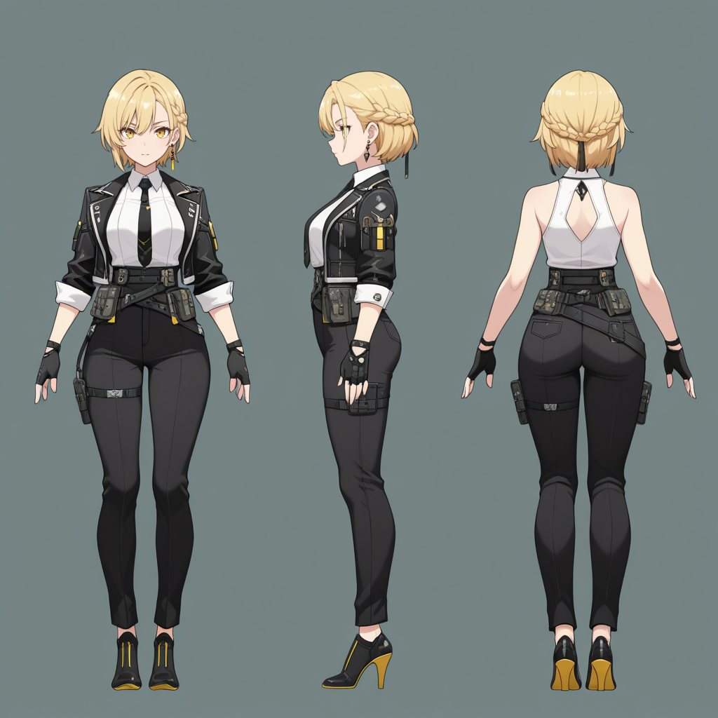 Masterpiece, best quality, 4k, anime character sheet, 1 girl, reference sheet, short hair, blonde hair, simple background, front view, side view, back view, shirt, gloves, standing, jacket, full body, yellow eyes, white shirt, braid, earrings, tie, sleeveless, black gloves, collared shirt, pants, fingerless gloves, black shoes, high heels, black jacket, multiple views, black pants