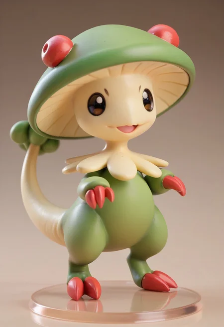score_9, score_8_up, score_7_up, score_6_up,anime, 1girl, solo, Breloom, Pokemon (creature), green body, mushroom head, two claws, tail. Chibi
