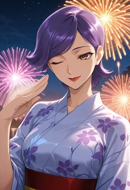 score_9,score_8_up,score_7_up,source_anime,5_figner,2d_animation,game cg,BREAK,1girl,solo,
Sagami Kei,short hair,swept bangs,purple hair,brown eyes,red lips,yukata,obi,Fanning,
smile,upper body,one eye closed,
Kyoto, Goju no to,Night,firework,
masterpiece,best qualit,ultra-detailed,illustration,an extremely delicate and beautiful,beautiful detailed eyes,unity 8k wallpaper,high resolution,anime CG,official_art,Erotic_style,anime_coloring, anime_screencap,