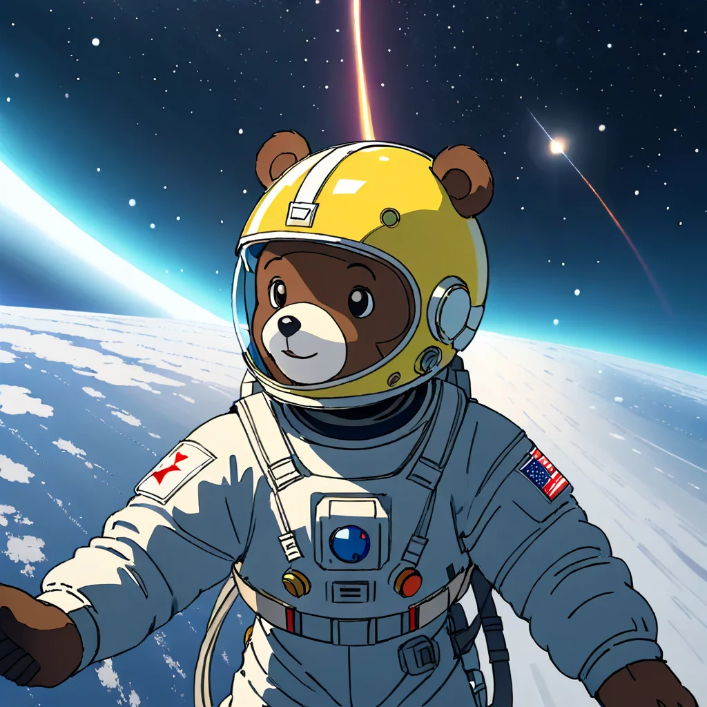 (photographic:1.3), (RAW photo:1.3), (ultra wide lens:1.3), (far shot:1.3), (selfie shot:1.3), (an astronaut bear selfie floating on space:1.3), (helmet on:1.3), (infinite space behind him:1.3), (no gravity:1.1), soft lighting, film grain, Fujifilm XT3, dslr, masterpiece, best quality, realistic, high-quality, realistic works, ultra-high details, 8k uhd, real skin material,<lora:anpan:0.7>
