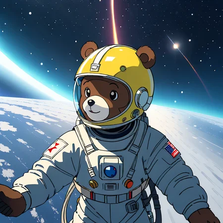 (photographic:1.3), (RAW photo:1.3), (ultra wide lens:1.3), (far shot:1.3), (selfie shot:1.3), (an astronaut bear selfie floating on space:1.3), (helmet on:1.3), (infinite space behind him:1.3), (no gravity:1.1), soft lighting, film grain, Fujifilm XT3, dslr, masterpiece, best quality, realistic, high-quality, realistic works, ultra-high details, 8k uhd, real skin material,<lora:anpan:0.7>