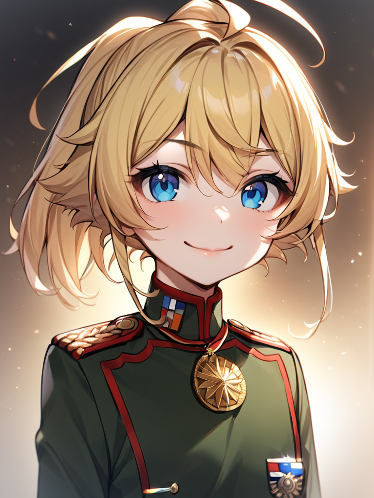 masterpiece,high resolution,
TanyaDegurechaff, tunic, 1girl, solo, looking at viewer, smile, short hair, blue eyes, blonde hair, upper body, ponytail, ahoge, uniform, military, military uniform, medal,
 <lora:tanya_XL:0.6>